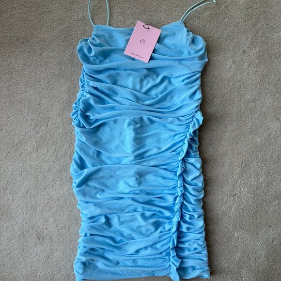 Hello Molly Blue Rouched Asymmetrical Ruffle Mini Dress - Picture 2 of 4